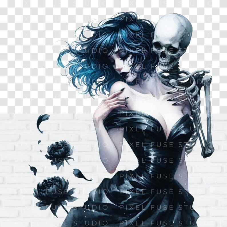 May include: A woman with blue hair and a black dress is embracing a skeleton. The woman has a sad expression on her face. The background is a white brick wall with black flowers.
