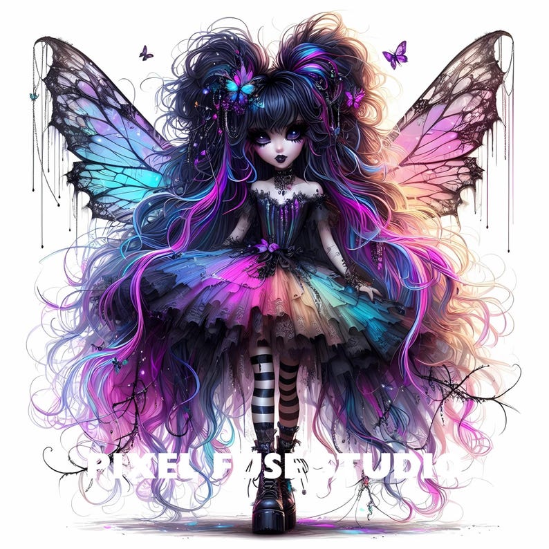 May include: A dark-haired fairy with rainbow wings and a black dress with a rainbow-coloured skirt. She has black and white striped stockings and black boots. The fairy has purple and pink hair with a butterfly in her hair.