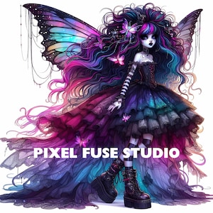 May include: A dark-haired fairy with iridescent wings and a black dress with layers of lace. She has black and white striped stockings and black boots. The fairy is surrounded by a swirling cloud of purple, pink, and blue.
