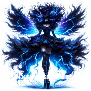 Pode incluir: Uma mulher de cabelo escuro com raios azuis e roxos no cabelo, vestindo um vestido preto com saia rodada e botas pretas. Ela tem asas feitas de penas pretas e raios azuis.