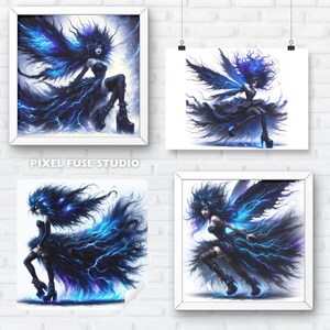 Pode incluir: Uma pintura digital de uma mulher de cabelo escuro com asas feitas de raios azuis. Ela est&aacute; vestindo um vestido preto e botas. O fundo &eacute; branco com um toque de azul.