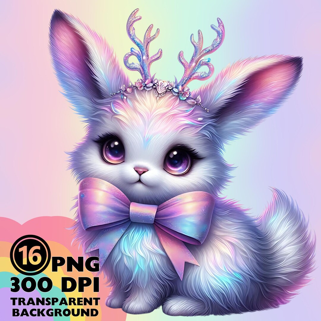 Cute Bunny PNG Clipart Bundle Iridescent Kawaii Pastel Fantasy Animal ...