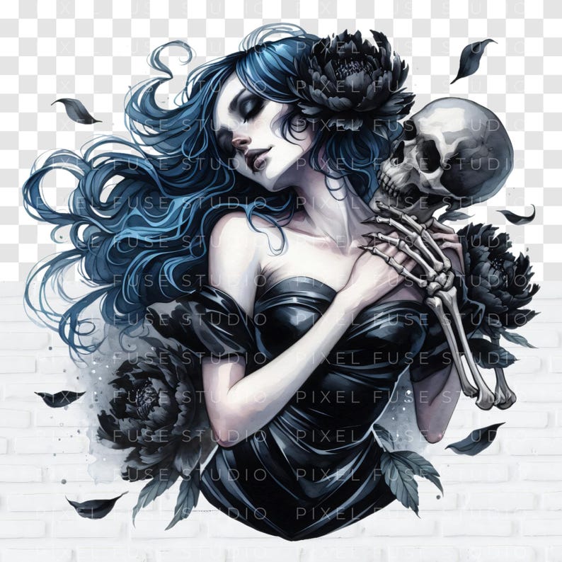 May include: A woman with long blue hair is embracing a skeleton. She is wearing a black dress and has a black flower in her hair. The background is a white brick wall.