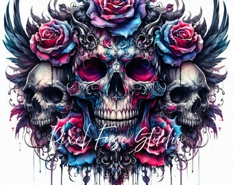 Gothic Skull Roses Clipart, Dark Floral Skull Art Print, Tattoo Design Digital Download, Gothic Wall Decor, Halloween Skull JPG, Sublimation