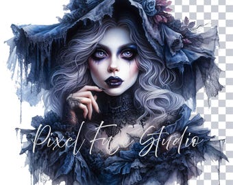 Gothic Witch Clipart, Watercolor Halloween PNG, Spooky Dark Aesthetic, Witchcore Sublimation Design, Transparent Background, Commercial Use
