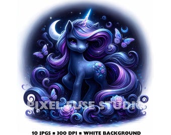 Halloween Unicorn Digital Clipart Set, Dark Gothic, Mystical Fantasy Art for Sublimation, Stickers, Scrapbooking Printables, 300 DPI JPGs