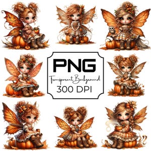 May include: Nine digital illustrations of fairy figures with orange and brown wings, sitting on pumpkins. The fairies are dressed in autumn-themed attire and surrounded by fall leaves. The image includes the text "PNG Transparent Background 300 DPI."