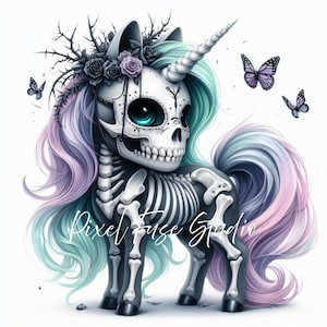 Skelett Einhorn Clipart, Gothic Halloween JPG, Sugar Skull Pony Art, Tag der Toten digitaler Download, Pastell Goth Dekor, kommerzielle Nutzung