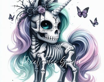Skeleton Unicorn Clipart, Gothic Halloween JPG, Sugar Skull Pony Art, Day of the Dead Digital Download, Pastel Goth Decor, Commercial Use