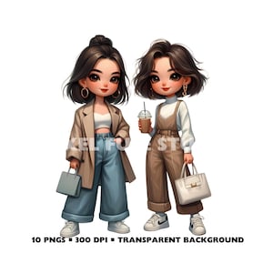 Conjunto de 10 lindas ilustraciones de moda estética PNG de mejores amigas, arte digital para álbumes de recortes, pegatinas para amigas BBF