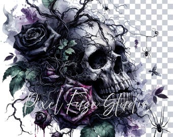 Clipart PNG de Caveira Gótica e Rosas Negras, Arte Floral Sombria com Caveiras, Aranhas em Aquarela, Vinhas, Uso Comercial, Fundo Transparente, Halloween