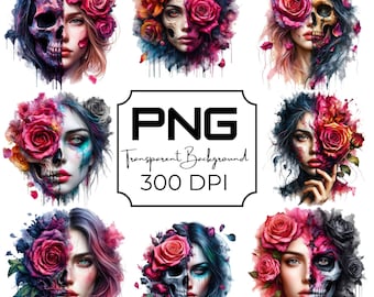 Half Skull Woman PNG, Gothic Floral Skull Clipart Bundle, Halloween Sublimation Art, 300 DPI, Commercial Use, Rose Tattoo Designs, Goth PNG