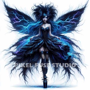 A stunning gothic storm fairy with flowing black and blue hair, glowing lightning wings, and an intricate dark corset dress. This fantasy lightning girl has an ethereal yet spooky aesthetic, perfect for digital stickers, junk journals, scrapbooking, and dark kawaii clipart lovers.