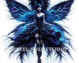 Gothic Storm Fairy Clipart, Fantasy Lightning Girl, Dark Aesthetic Art, Whimsical Chibi Digital Stickers, Cute Kawaii Goth Scrapbooking, JPG