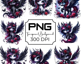 Gothic Unicorn PNG Bundle, Black Winged Pony with Roses, Pegasus, Dark Fantasy Clipart, Commercial Use, Mystical Crafts, Black PNG, 300 DPI