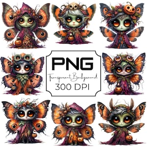 Clipart de hadas de Halloween, PNG de duende de calabaza gótico, hadas con alas de mariposa, alta resolución 300 DPI, uso comercial, impresiones de arte de fantasía oscura