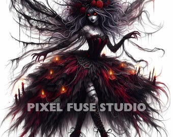 Dark Gothic Fairy Clipart Set, Haunted Fantasy Aesthetic Mystical Witchy Digital Art for Crafters, Stickers, Scrapbooking Printables, JPGs