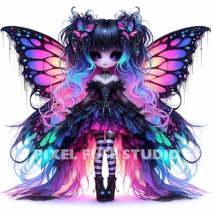 Clipart de hada mariposa, kawaii chibi, chica gótica, estética caprichosa de Halloween, pegatinas digitales espeluznantes y lindas, imprimibles para scrapbooking