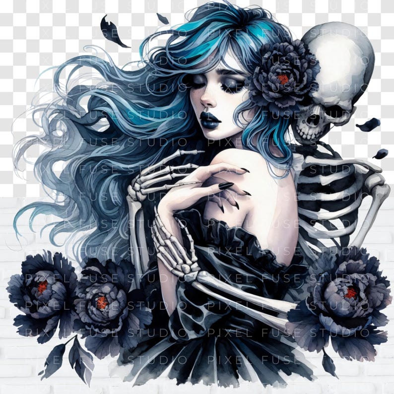May include: A watercolor illustration of a woman with long blue hair and a black dress. She is embracing a skeleton with a skull. The background features black peonies.