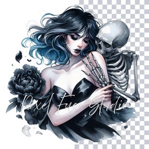 PNG design of a gothic woman in a black dress embraced by a skeleton, with flowing blue hair and dark floral elements. Dark romance aesthetic, perfect for Halloween, tattoo flash art, creepy couple designs, edgy sublimation prints, and gothic digital projects with transparent background.