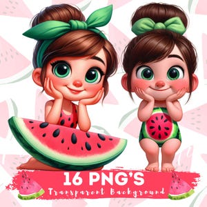 Watermelon Girl Clipart PNG Set, Cute Summer Kids Sublimation, Tropical Fruit Clip Art, Stickers, Transparent Background, Commercial Use PNG