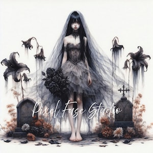 Friedhof Sirene Clipart Gothic Braut dunkel Aquarell Friedhof Kunst gruselige Halloween Illustration Geister Mädchen Digitaler Download Kommerzielle Nutzung