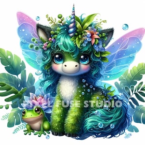 Magical Forest Unicorn Fairy Clipart, Fantasy Pegasus PNG JPG, Mystical Woodland Animals, Cute Nature Art, Kawaii Scrapbooking Printables