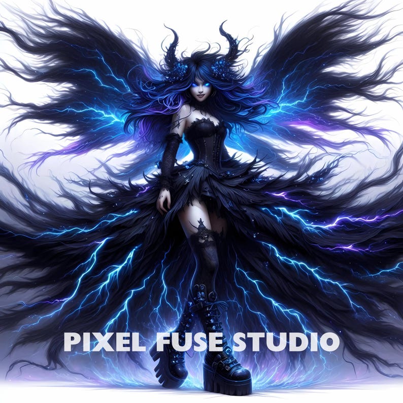Pode incluir: Uma mulher de cabelo escuro com chifres e olhos azuis veste um vestido preto com uma saia fluida. Ela tem grandes asas pretas com raios azuis. O texto "PIXEL FUSE STUDIO" est&aacute; na parte inferior da imagem.