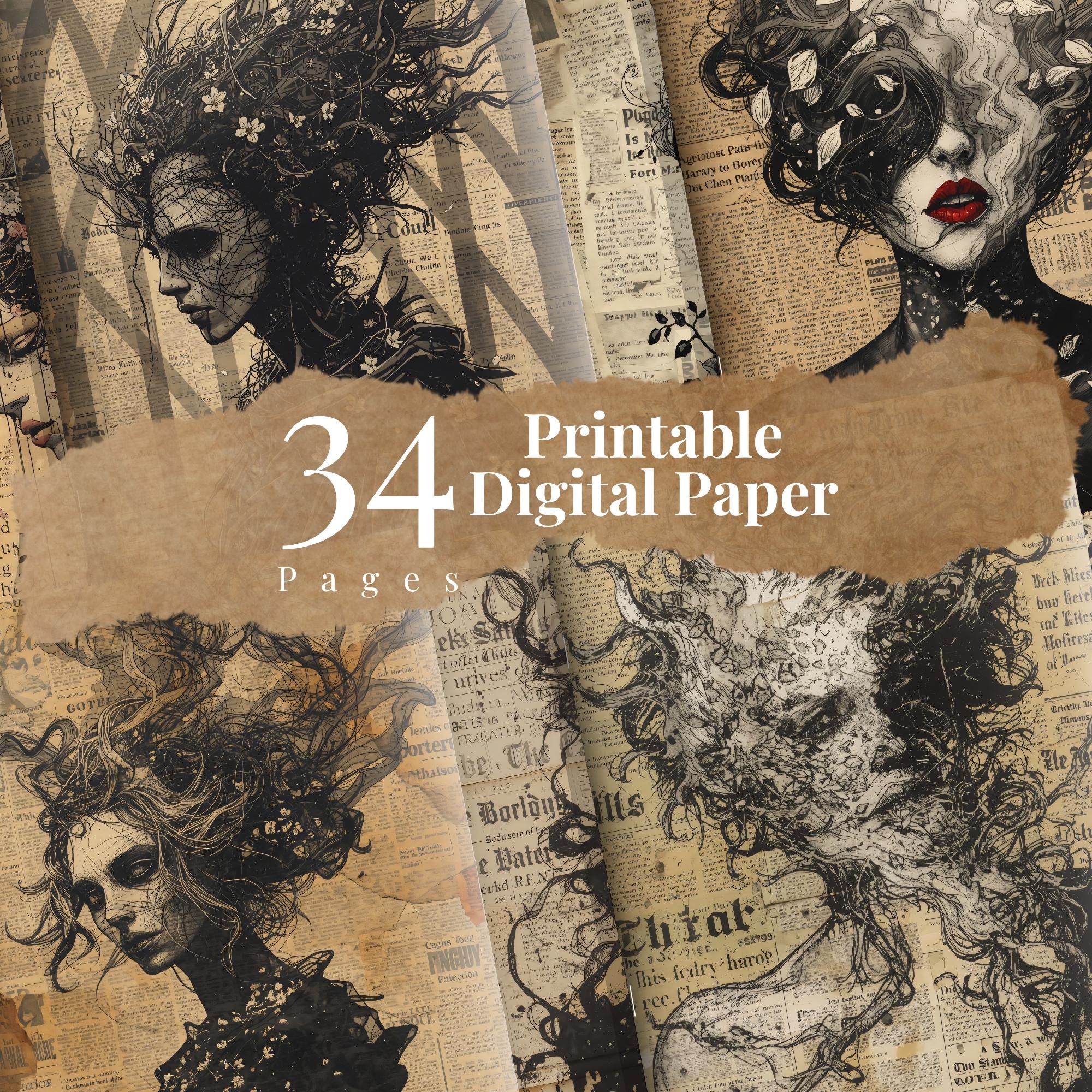 Dark Gothic Digital Paper Pack, Junk Journal Pages, Vintage Newspaper ...