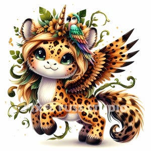 Fairy Unicorn Clipart, Leopard PNG, JPG, Cute Jungle Animal Art, Fantasy Pegasus, Kawaii Scrapbooking Printables, Magical Nursery Decor