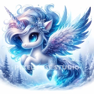 May include: A white unicorn with blue and purple wings and a blue mane and tail. The unicorn is standing on a snowy surface with a snowflake on its side.