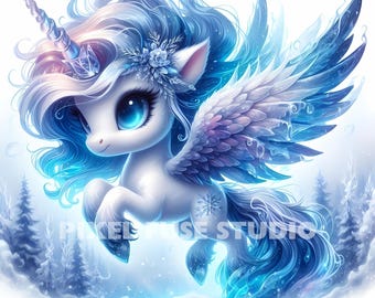 Winter Pegasus Unicorn Clipart | Cute Ice Blue Fantasy Pony Digital Art | Kawaii Snow Fairy Horse PNG | Sublimation, Stickers, Printables