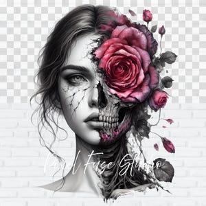 Gothic Schädel Rose Frau PNG Clipart, dunkle weibliche ästhetische Goth Mädchen-Digital-Kunst, Aquarell Halloween, Blumendruck SVG, Sublimation, DTF