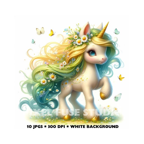 Spring Unicorn Clipart Set Cute Floral Print Fantasy Horse Art Digital Download for Scrapbooking Stickers Nursery Wall Decor JPEG 300 DPI
