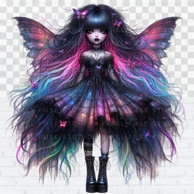 May include: A digital illustration of a fairy with dark blue hair, pink and blue streaks, and a black dress with a galaxy print. The fairy has large, iridescent wings and is surrounded by a galaxy of stars.