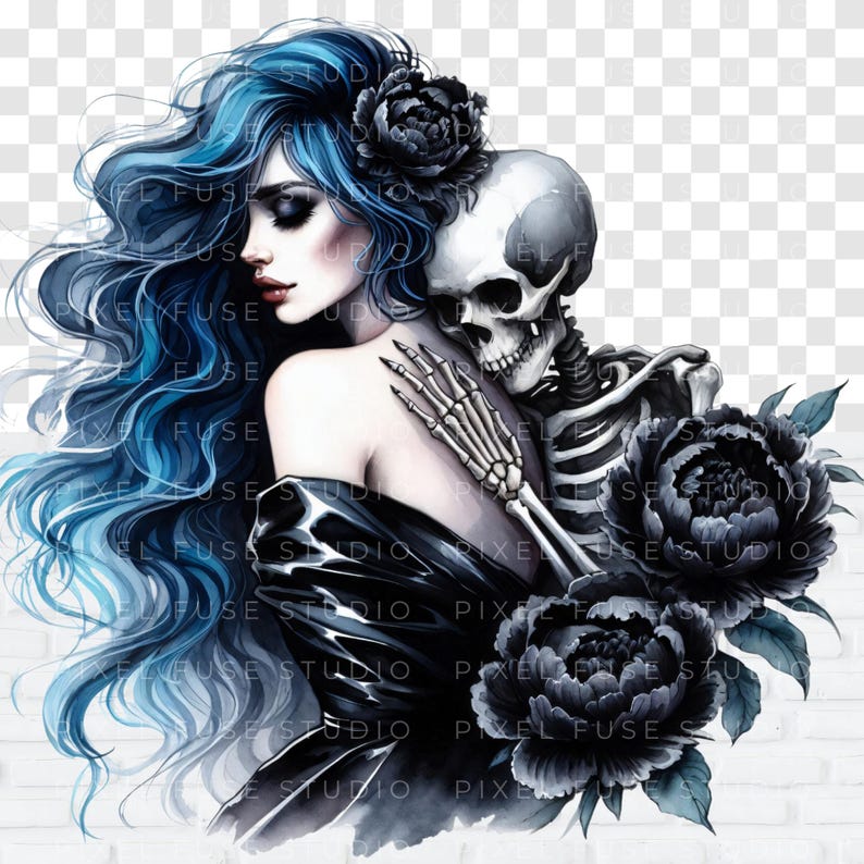 May include: A digital illustration of a woman with long blue hair and a skeleton embracing her. The woman is wearing a black dress and has dark eyes. The skeleton is holding a bouquet of black peonies.