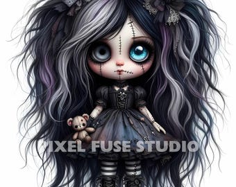 Gothic Doll Clipart Creepy Cute Chibi Girl Spooky Fantasy Art Dark Aesthetic Digital Stickers Scrapbooking Junk Journal Printables