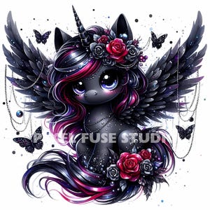 Gothic Unicorn Clipart, Dark Fantasy Pegasus Art, Black Winged Pony, Mystical Fairytale Horse Digital Download, Watercolor Illustration, JPG