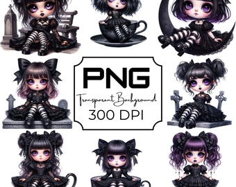 Gothic Chibi Girl PNG, Cute Dark Aesthetic Clipart, Teacup Doll Art, Kawaii Goth Halloween Sublimation, Digital Download for Crafts, Prints