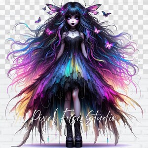 Gothic Fee Clipart PNG, Pastel Goth Ästhetik, Dark Fantasy Schmetterling Mädchen Digitale Kunst, Sublimationsdesigns, Aufkleber, Alt, kommerzielle Nutzung