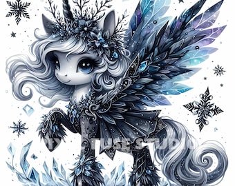 Winter Princess Black Unicorn Clipart, Pegasus Mystical Fantasy, Kawaii Aesthetic, Cute Dark Christmas PNG JPG, Sublimation Printables SVG