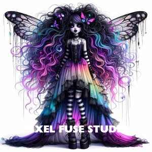 May include: A dark-haired fairy with rainbow wings and a colourful dress. She has black and white striped stockings and black boots. The fairy is surrounded by butterflies and has a dark, gothic aesthetic.