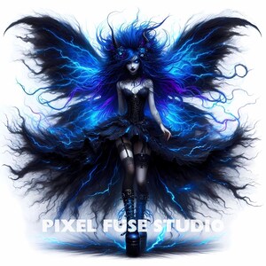 Pode incluir: Uma ilustra&ccedil;&atilde;o de fantasia escura de uma mulher com cabelo azul e asas pretas. Ela est&aacute; vestindo um vestido preto e botas. As asas s&atilde;o delineadas com raios azuis.