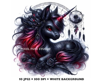 Gothic Unicorn Clipart Dark Fantasy Pony Digital Art Mystical Black Horse Kawaii Dreamcatcher Printable JPEG File 300 DPI White Background