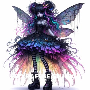 May include: A dark-haired fairy with iridescent wings and a black dress with rainbow-coloured ruffles. She has black boots and striped stockings. The fairy is surrounded by a rainbow-coloured mist.