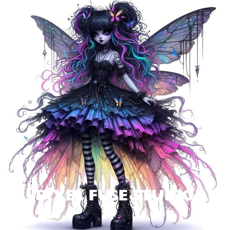 May include: A dark-haired fairy with iridescent wings and a black dress with rainbow-coloured ruffles. She has black boots and striped stockings. The fairy is surrounded by a rainbow-coloured mist.