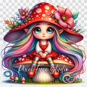 Clipart fille gnome champignon, art féerique fantastique lunatique, aquarelle pastel arc-en-ciel, autocollants PNG pour enfants, sublimation numérique, fabrication de cartes