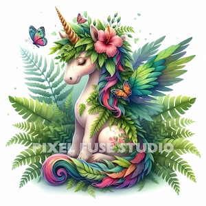 Tropical Jungle Unicorn Fairy Clipart, Fantasy Pegasus PNG JPG, Mystical Woodland Horse, Enchanted Nature Art, Scrapbooking Printables