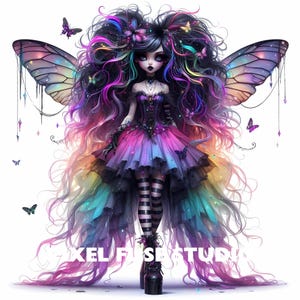 May include: A colourful fairy with iridescent wings, long flowing hair, and a rainbow dress. She is wearing black and white striped stockings and black shoes. The background is white.