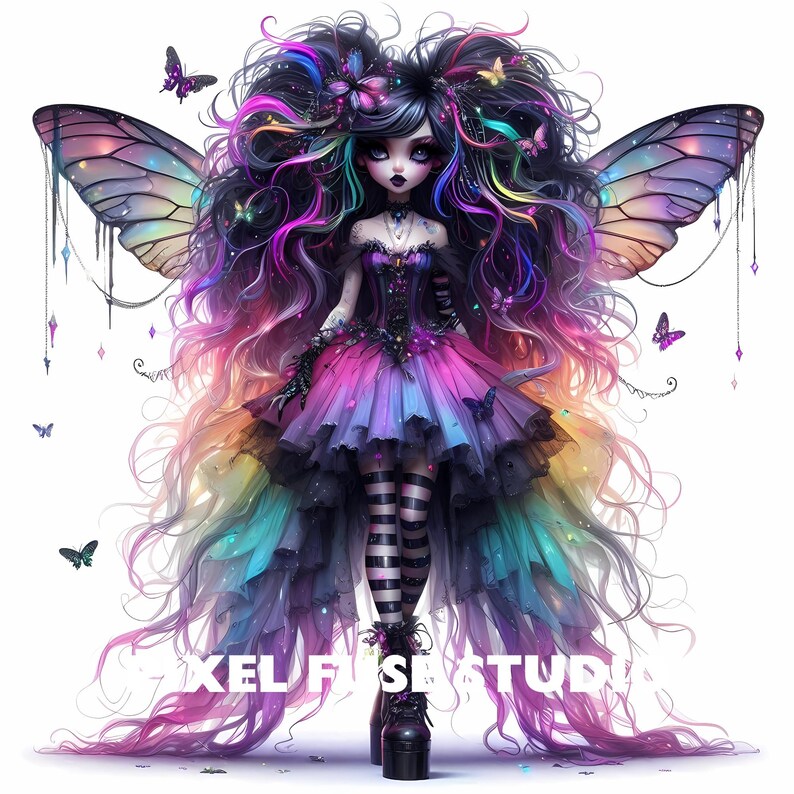 May include: A colourful fairy with iridescent wings, long flowing hair, and a rainbow dress. She is wearing black and white striped stockings and black shoes. The background is white.
